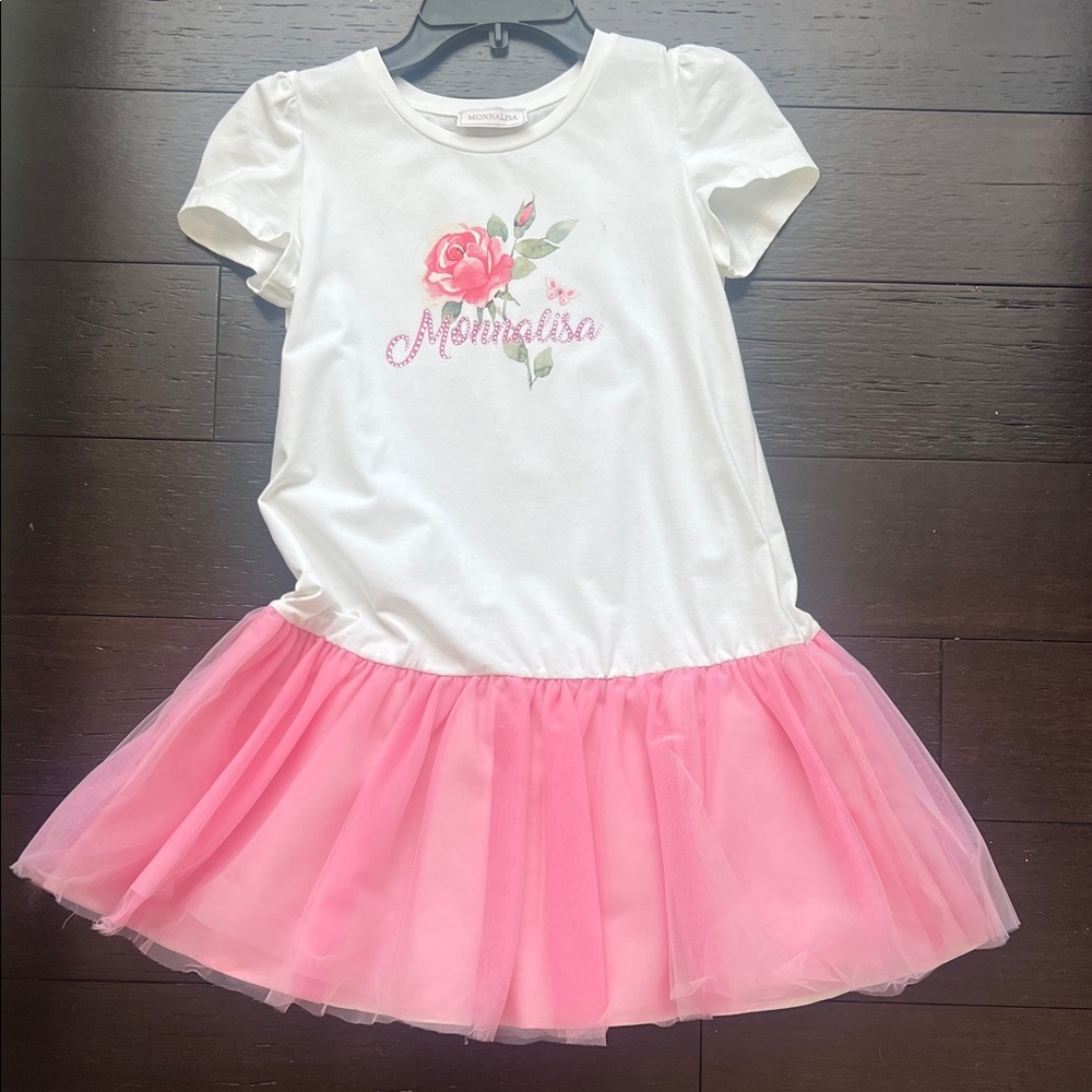 MonnaLisa White and Pink Floral Tulle Dress